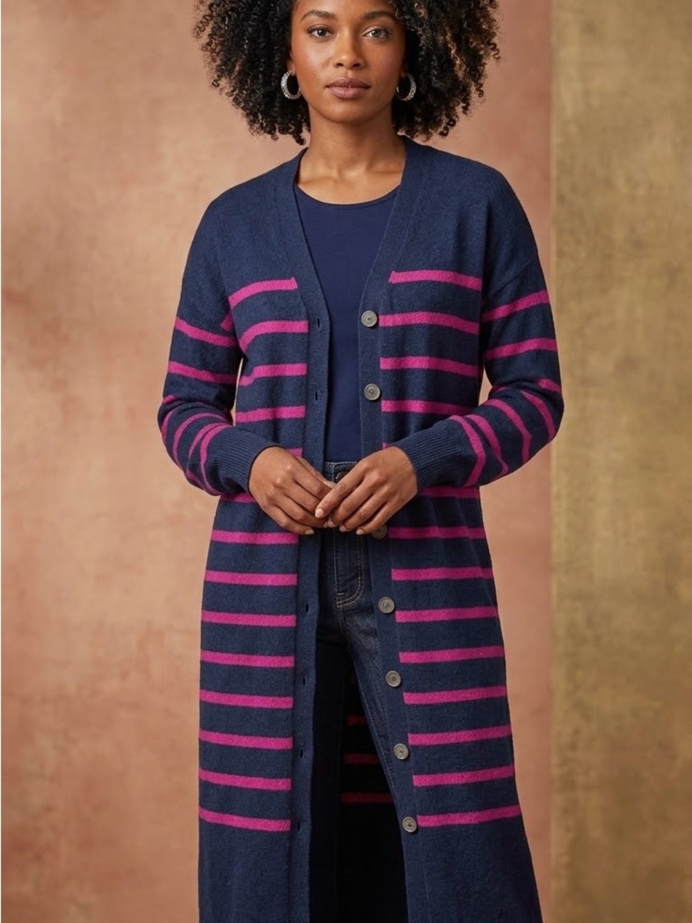 LOFT Navy and Pink Striped Long Button-Cardigan Sweater Dress